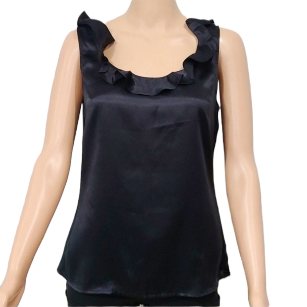 TRANSITIONS WOMEN'S‎ BLACK SLEEVELESS SILK TOP BLOUSE WITH RUFFLE  NECK SIZE S
